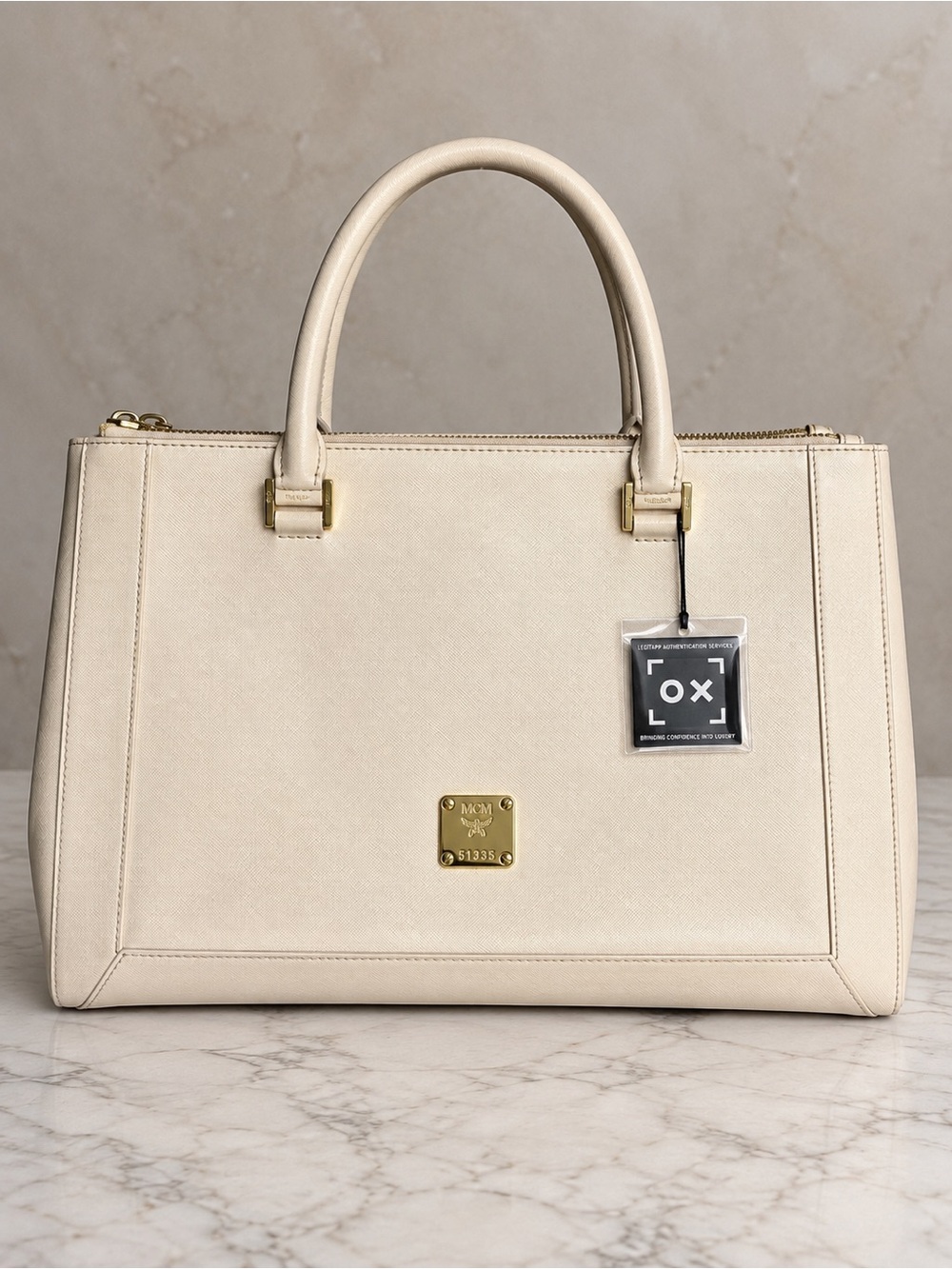 MCM Nuovo Large Ivory Saffiano Leather Tote Satchel Bag Certificate Authenticity